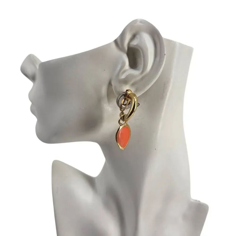 Vintage Coral Enamel Drop Clip-On Earrings | Gold-Tone Dainty Dangles